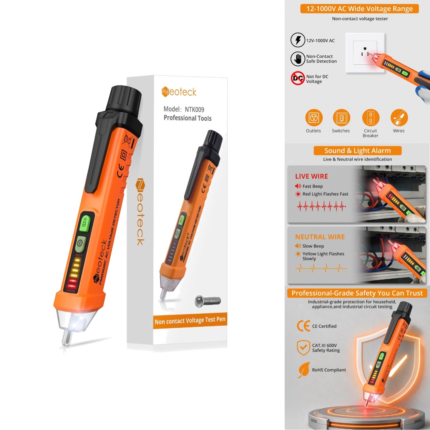 Non-Contact AC Voltage Tester Pen Detector 12V-1000V Outlet Live Wire LED Light