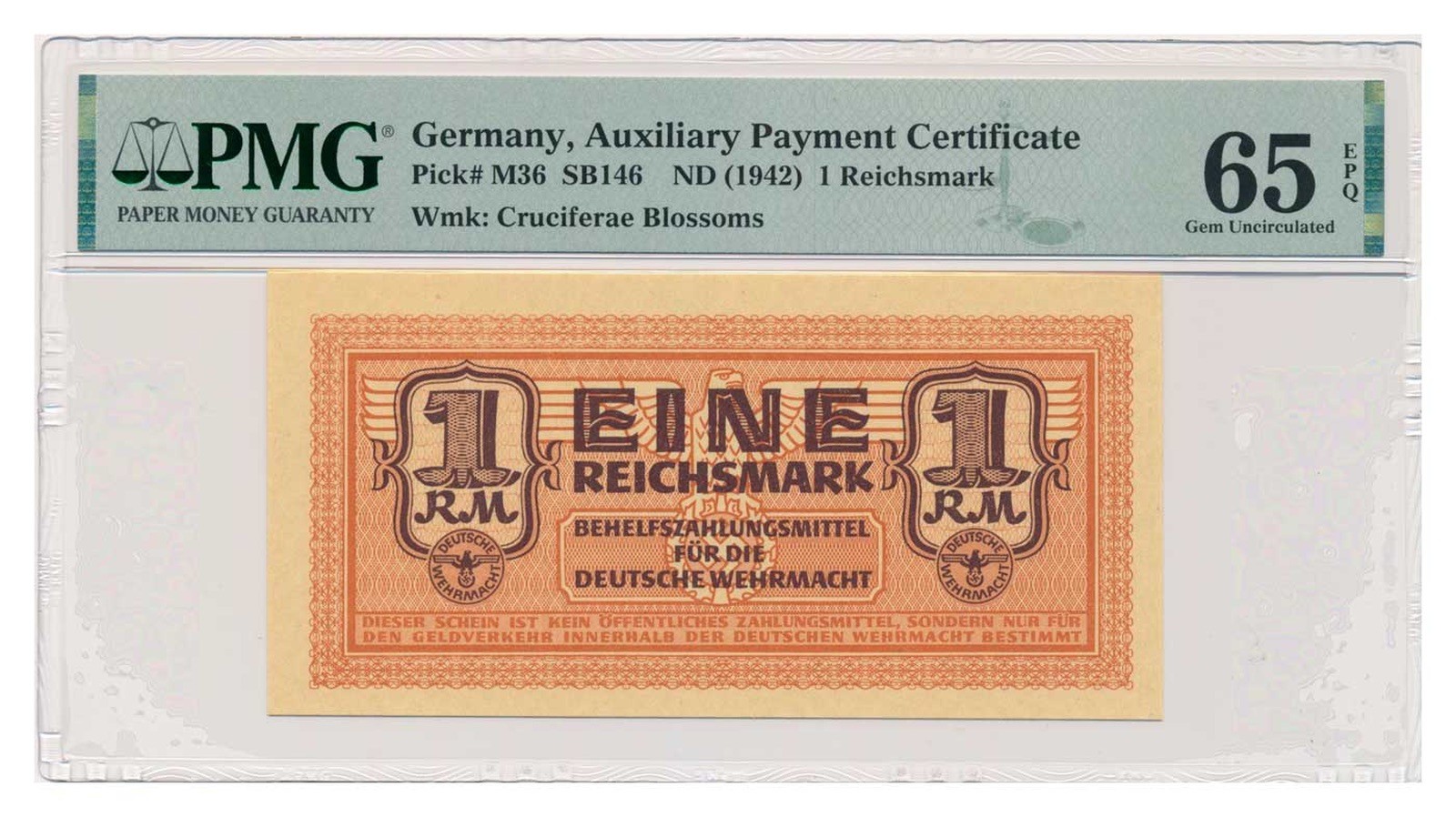 GERMANY banknote 1 Reichsmark 1942 PMG MS 65 EPQ Gem Uncirculated