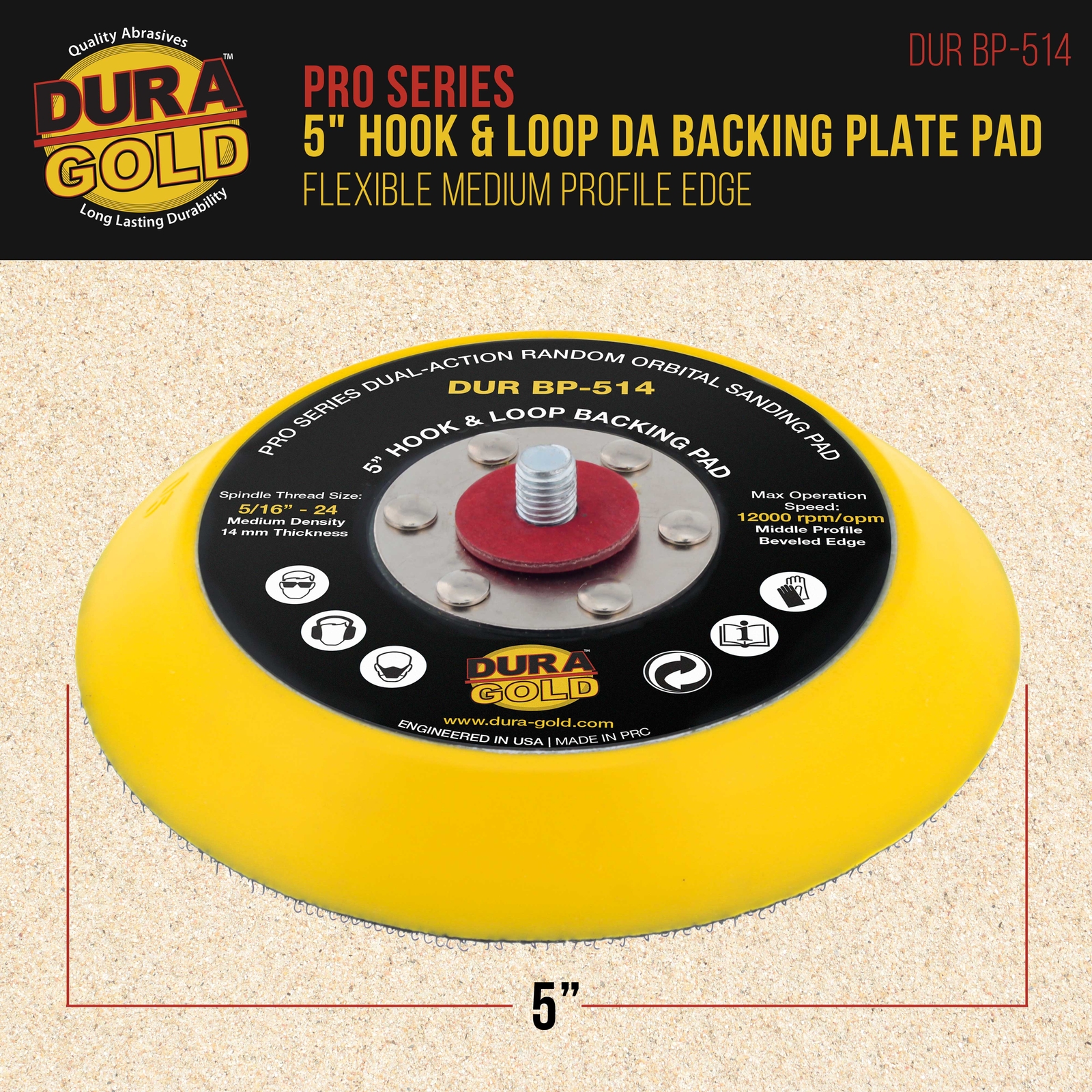 5" Hook & Loop DA Sander Backing Plate Pad, 14mm Medium Profile Edge, Sanding