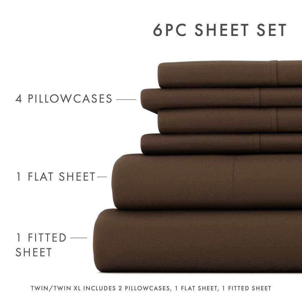 6-Piece Chocolate Solid Microfiber Queen Sheet Set Free Shipping New