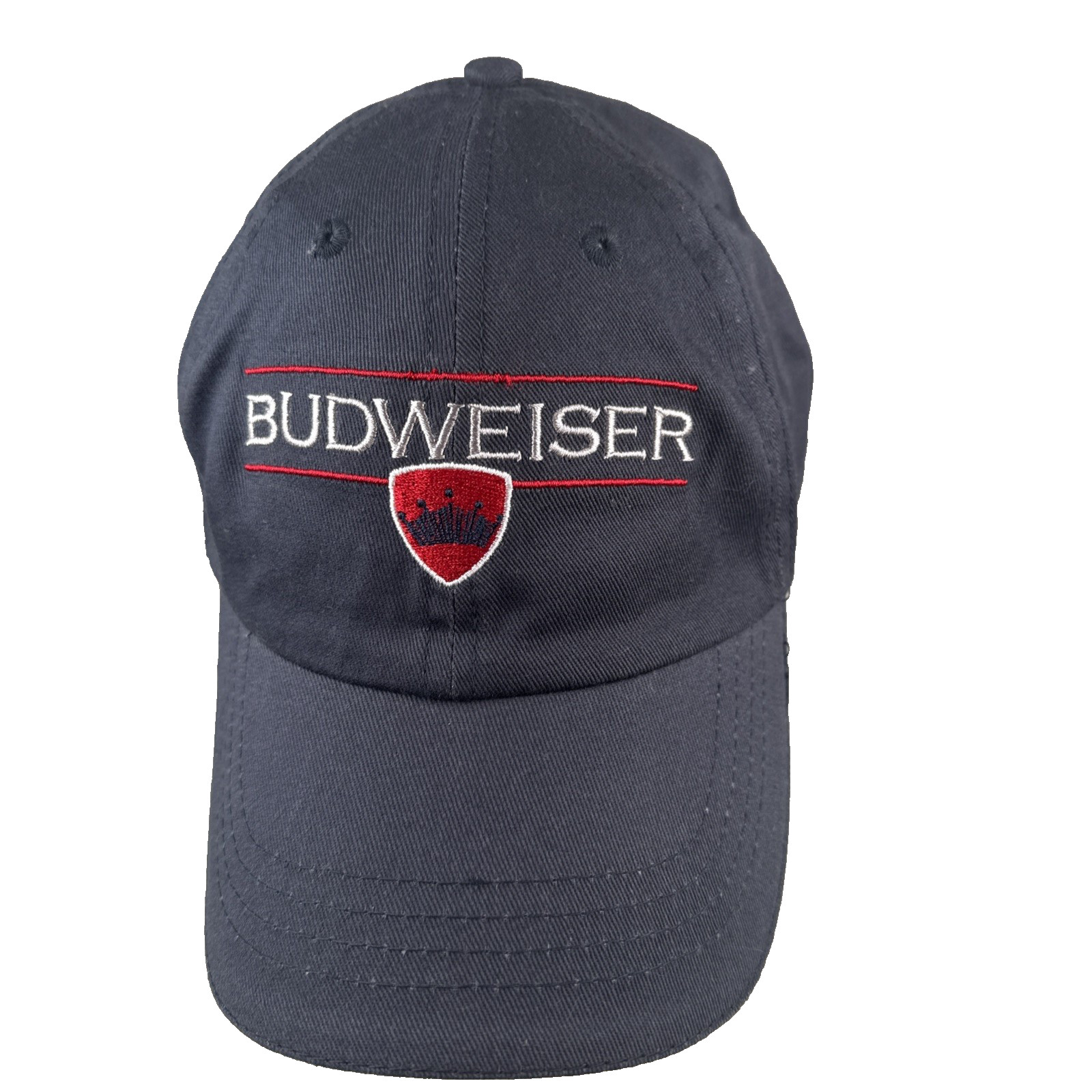 BUDWEISER White Red Shield Logo on Navy Hat Cap Cotton Hook Loop White Bill Edge