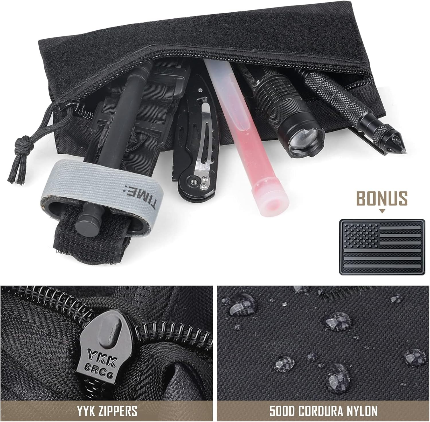 Tactical Zipper Pouch Utility Organizer Bag Insert Nylon Black with Hook Backing