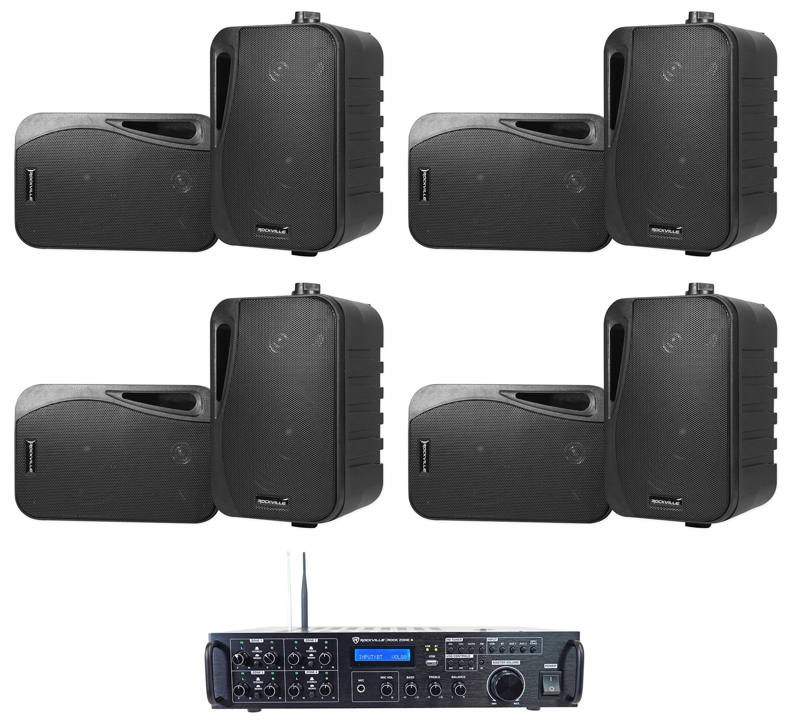 Rockville Rock Zone 8 Channel Multi Room Home Receiver+8) Black 4" Wall Speakers