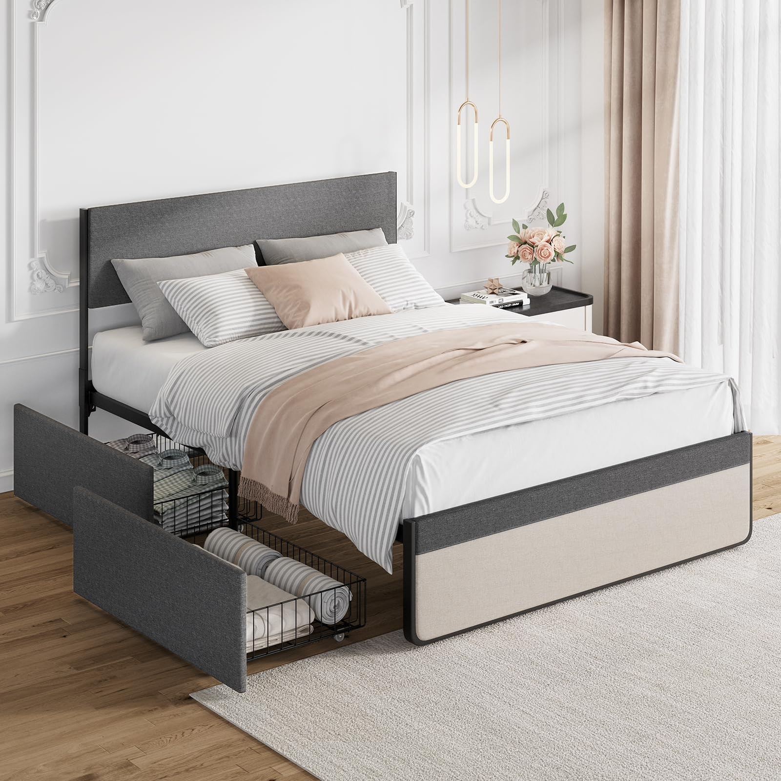 Queen Size Bed Frame, Upholstered Headboard ,Platform Bed Frame, Storage Drawers