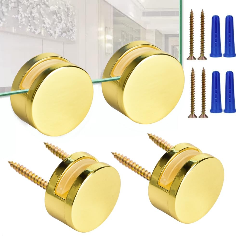 Golden Upgraded 3-5mm Frameless Mirror Mounting Hardware 4 Pack Dual-Screw Fi...