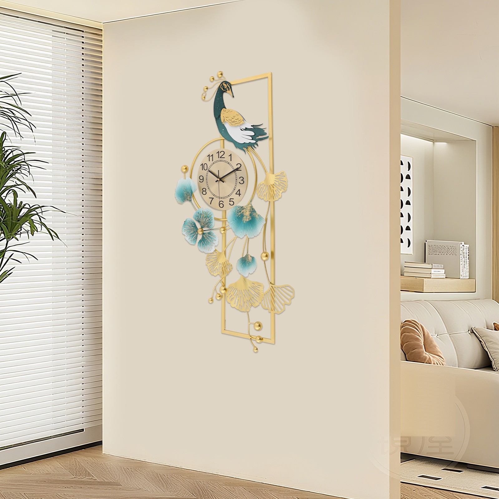 Peacock & Ginkgo Leaves Wall Clock, Modern Wall Clock