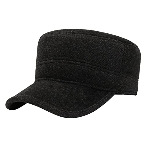 Men's Winter Baseball Cap with Ear Flaps Adjustable Cabbie Hat Wool Flat Black