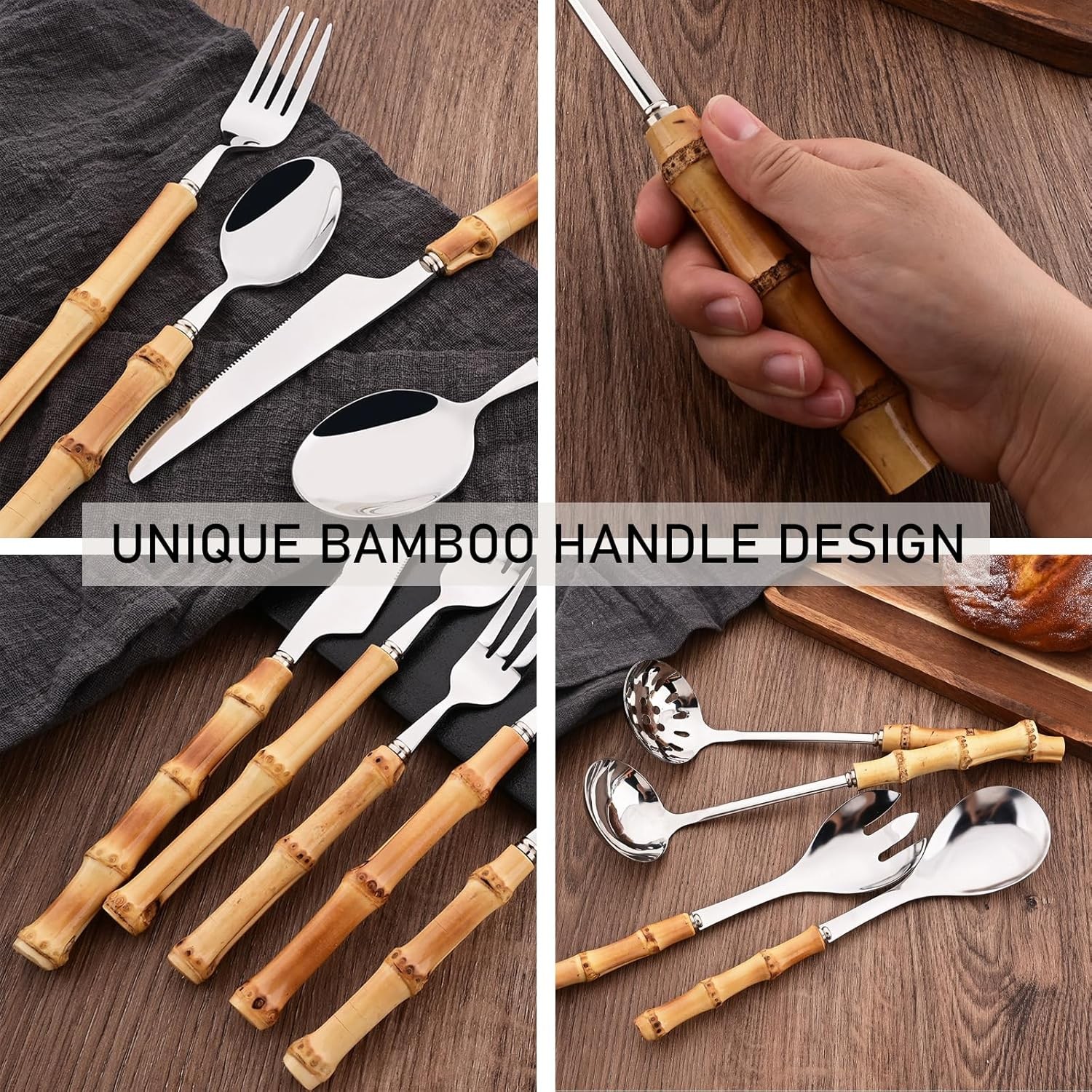 40PCS Silverware Set 10 Bamboo Handle Flatware Set Stainless Steel Cutlery Set