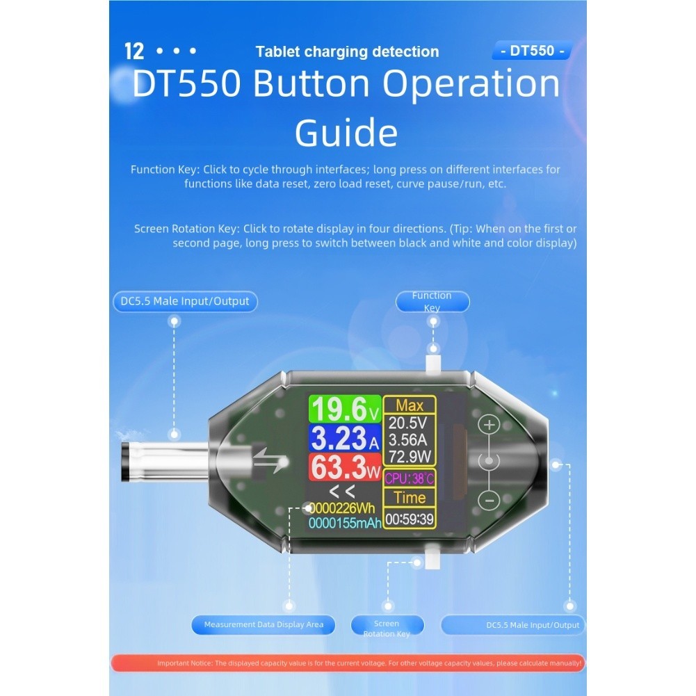 High Power 600W Voltage Current Tester DT550 Digital Power Capacity Meter