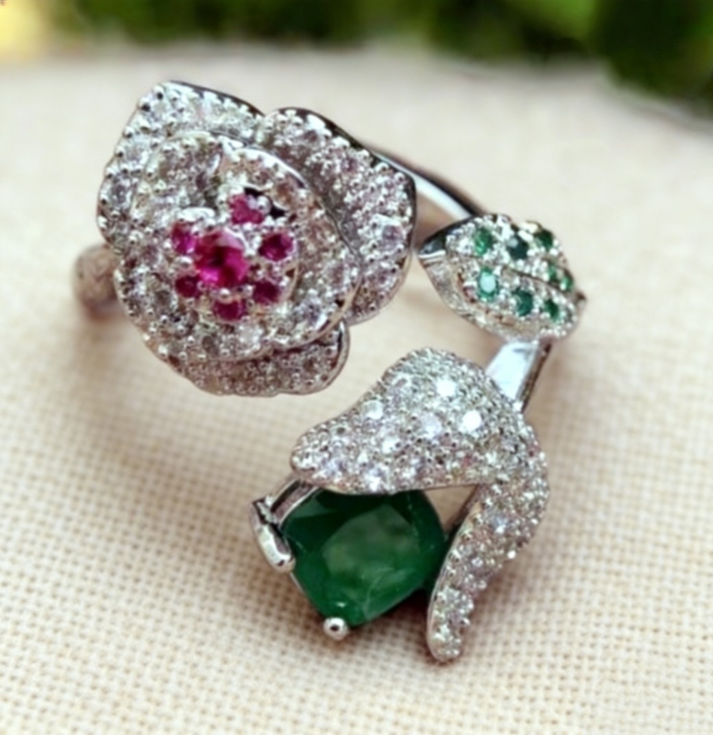 Pretty Multicolor CZ Pave Double Form Rose Elegant Women Silver Plated Open Ring