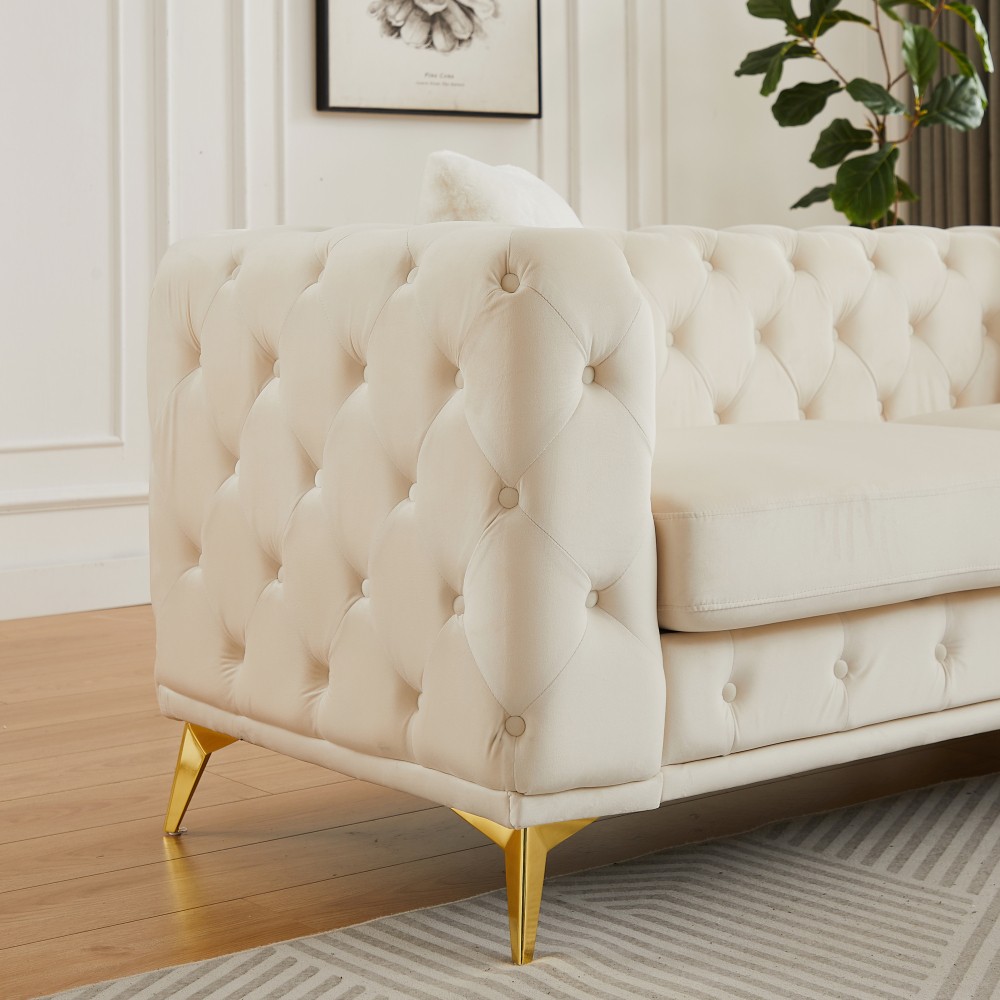 Modern Velvet Chesterfield Sofa w/ Quilted Button Accents & 2 Pillows