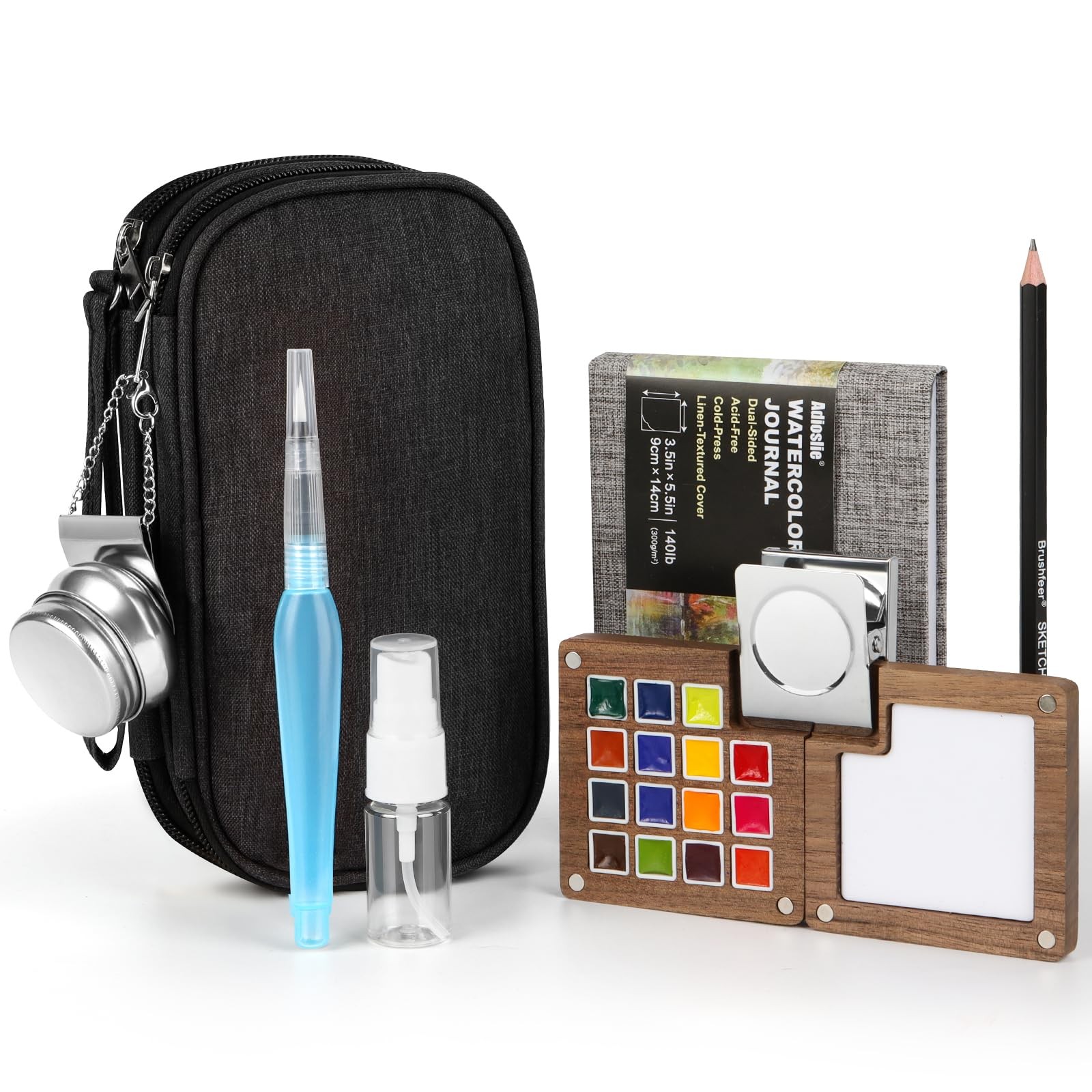 15 Color Mini Watercolor Travel Set with Journal Water Brush & Bag Art Gift Kit