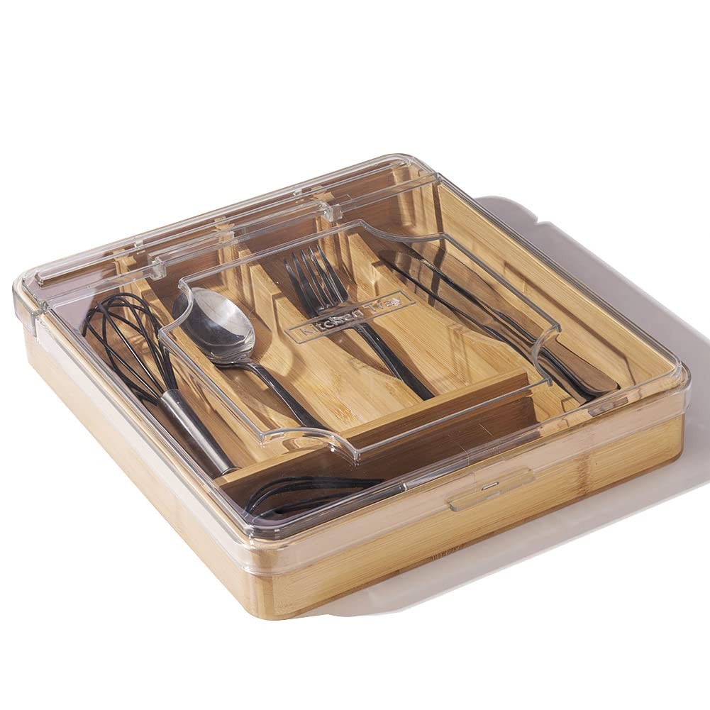 Kitchen Drawer Organizer, 13 Inch Bamboo Utensil Tray, 5 Slots, Removable Lid