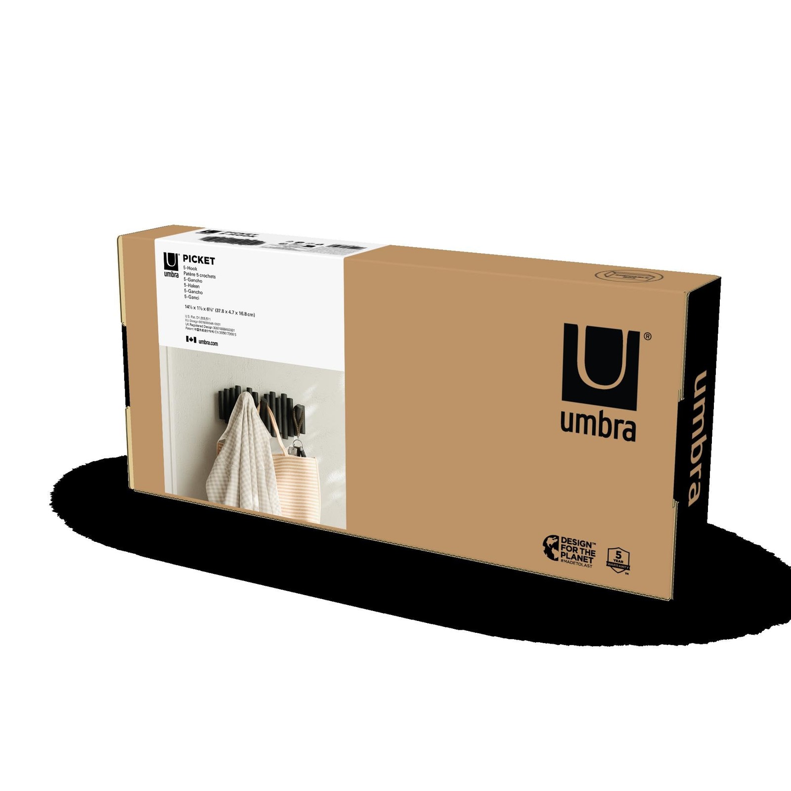 Umbra Picket Wall-Mounted Coat Rack Rail Hook with 5 5-Hook, Black