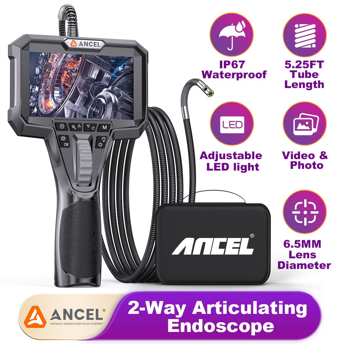 7 LED Lights 2-way 210° Articulating Borescope Dual Endoscope Inspection Camera