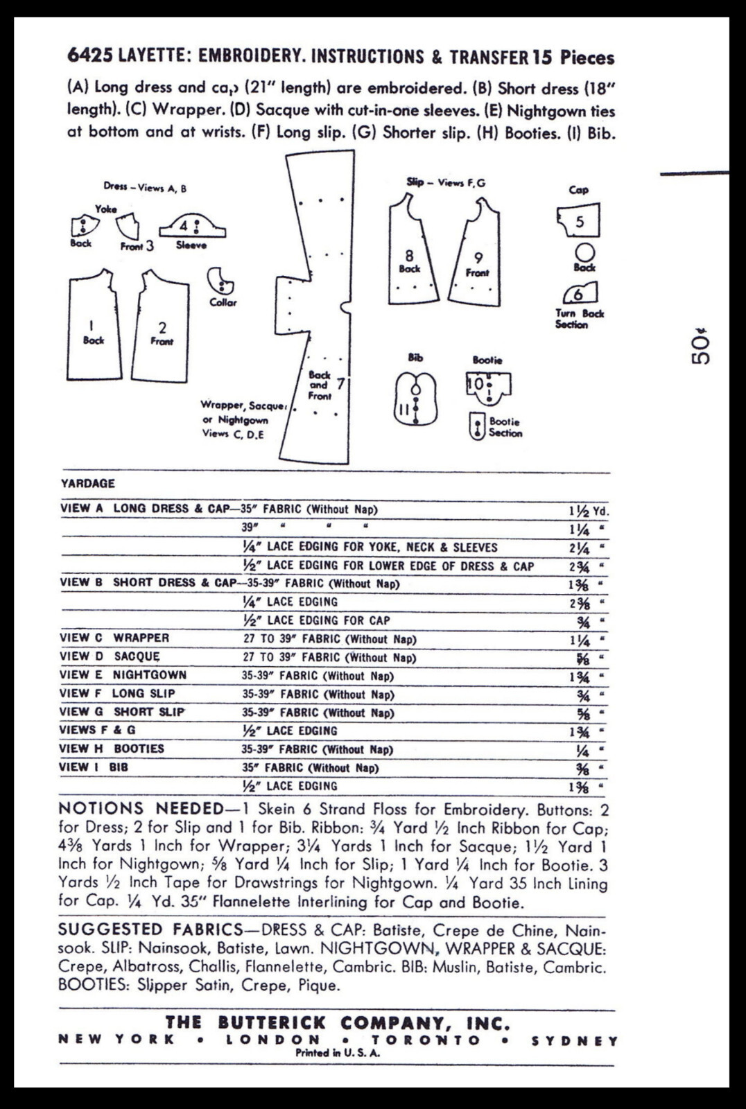 McCall's 1762 Pattern Layette Christening Infant Dress Slip Cap Bonnet Bib