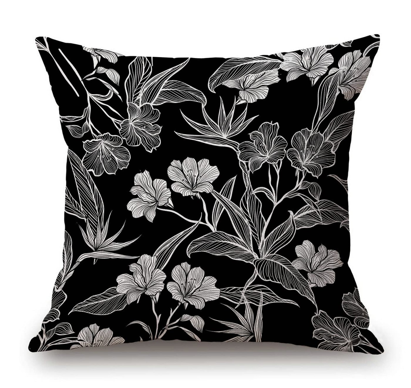 Solekla Black White Flowers Cotton Linen Square Throw Pillow Case Decorative ...