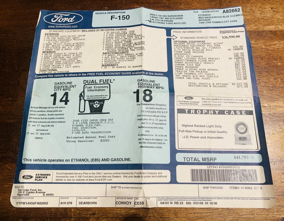 Original 2006 Ford F-150 SuperCrew 4x4 OEM Dealer's MSRP Window Sticker Sheet 06