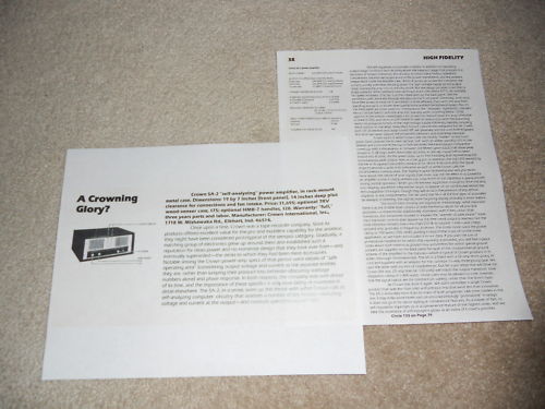Crown SA-2 Amplifier Review, 1980, 2 pg, Specs, Info