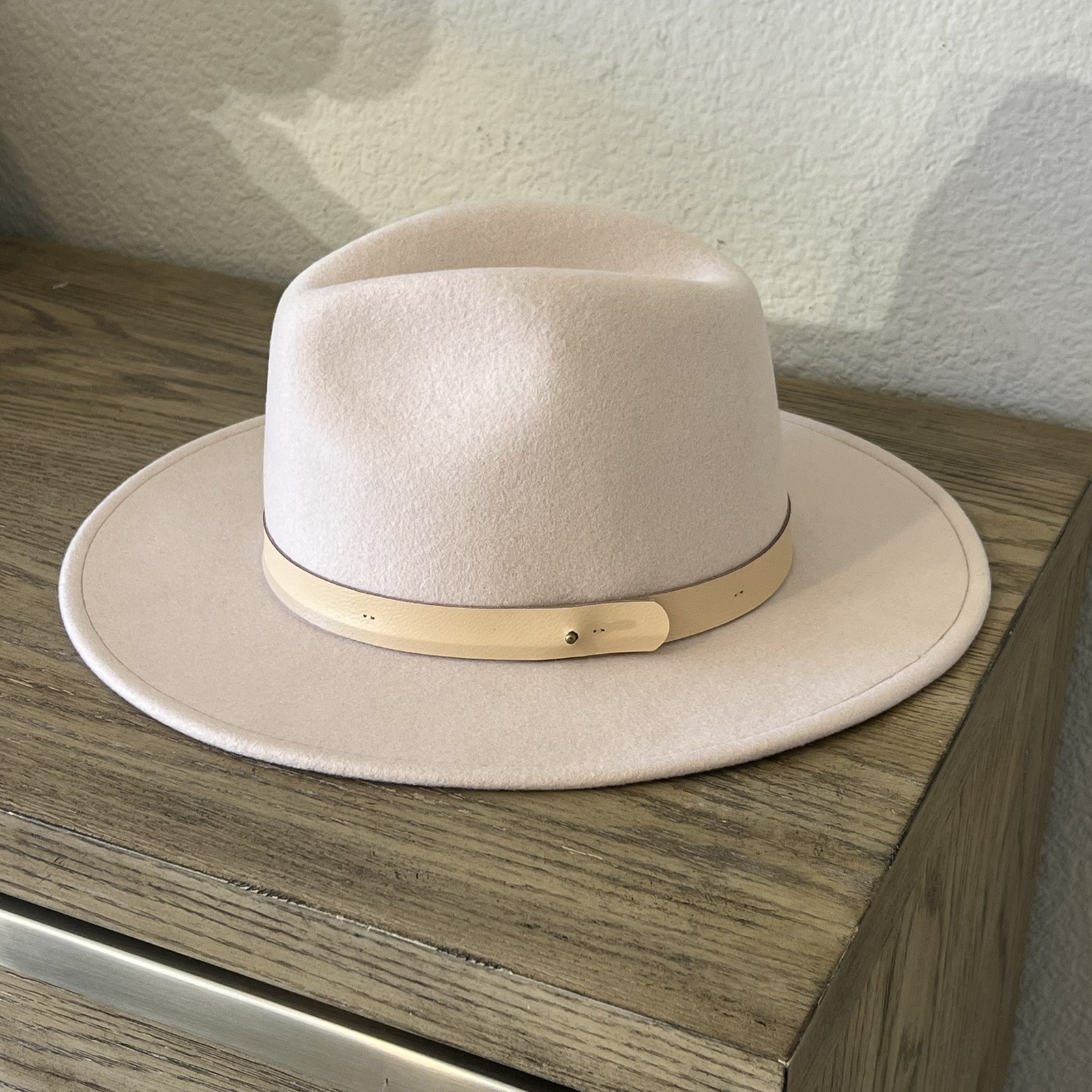 Gigi Pip Shiloh Tall Fedora hat blush pink nude leather trim size 57 S/M