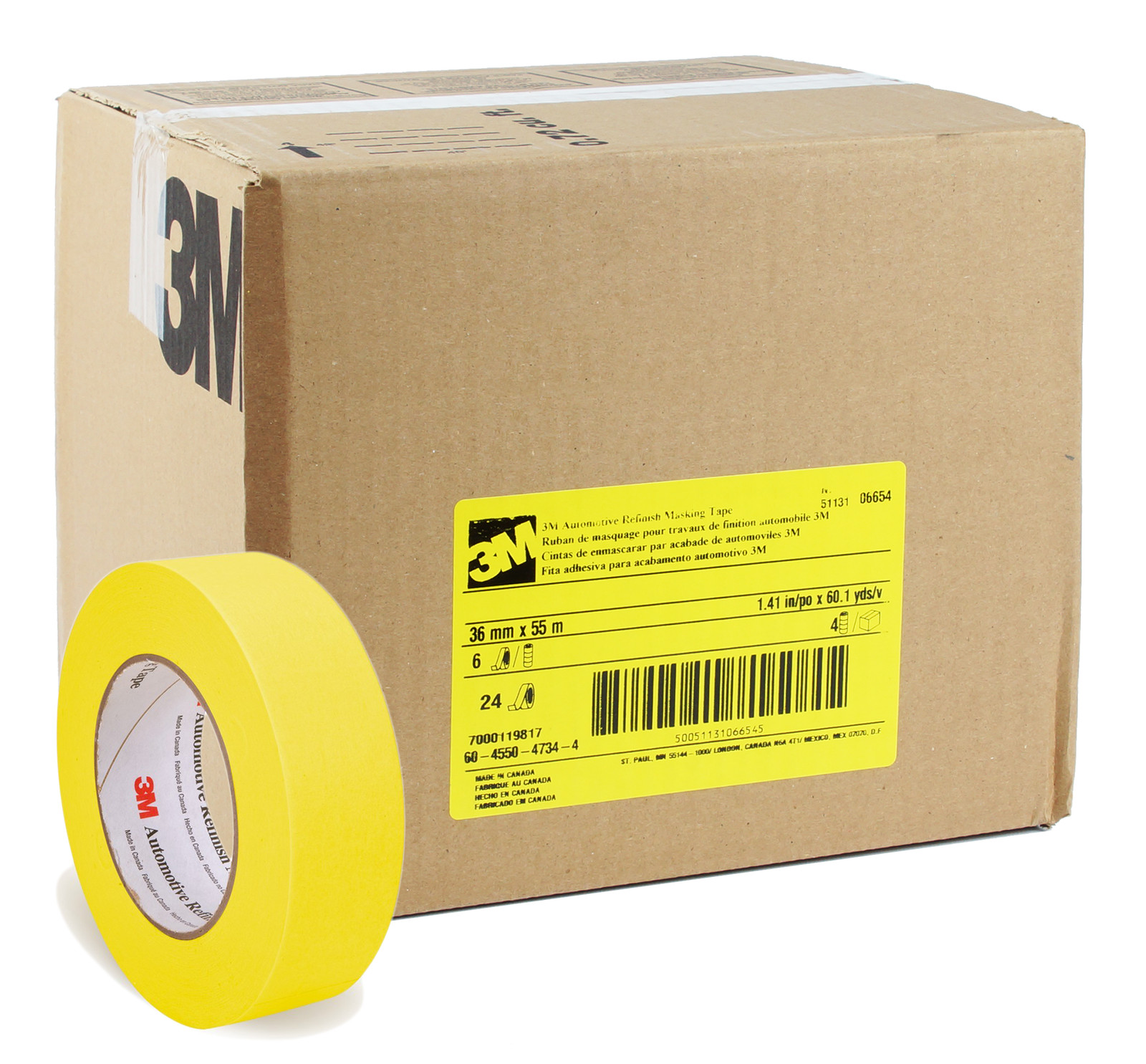 3M 06654 Automotive Refinish Yellow Masking Tape 1.5"  Case of 24 Rolls 6654