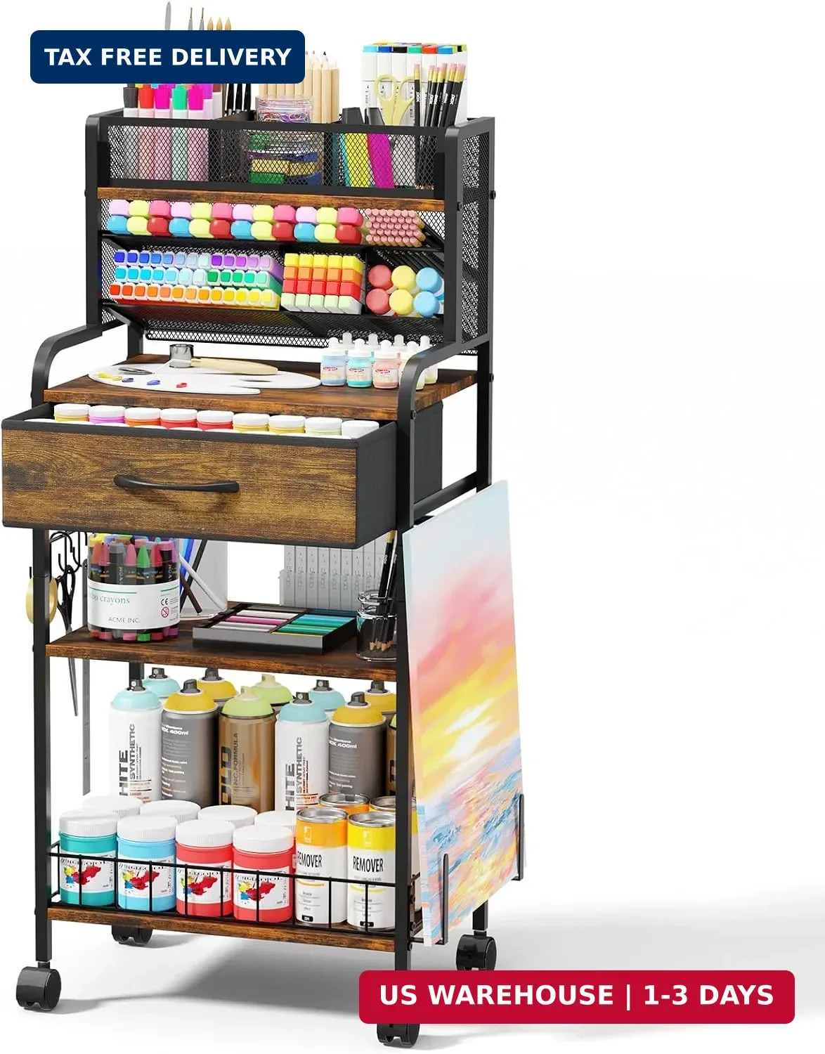 Art cart, 3 Tier Rolling Cart - Utility Cart with Storage Drawer and Wheels, Ver