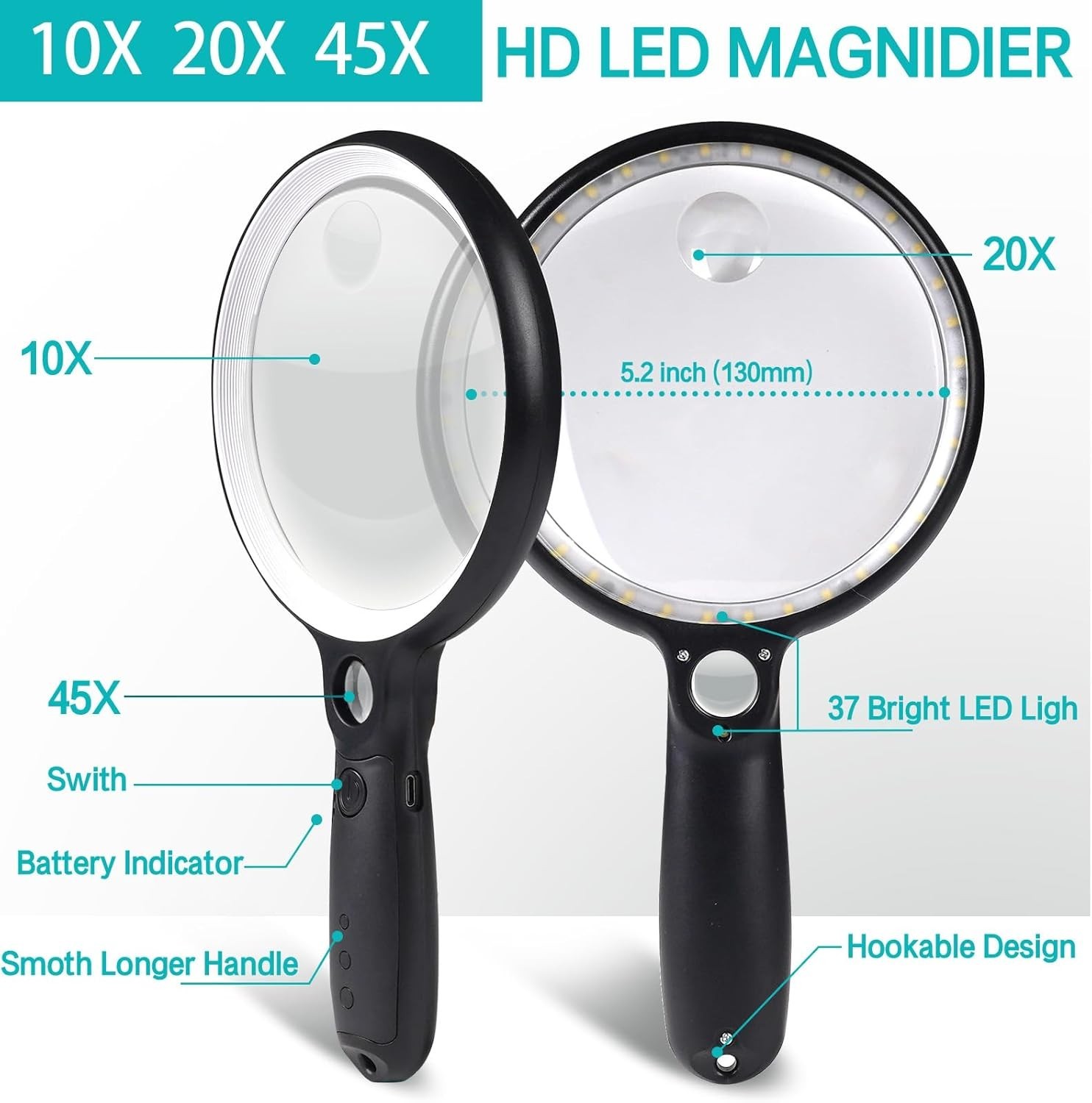 Large Magnifying Glass with 37 LED Light, 10X 20X 45X Handheld Illuminated Li...