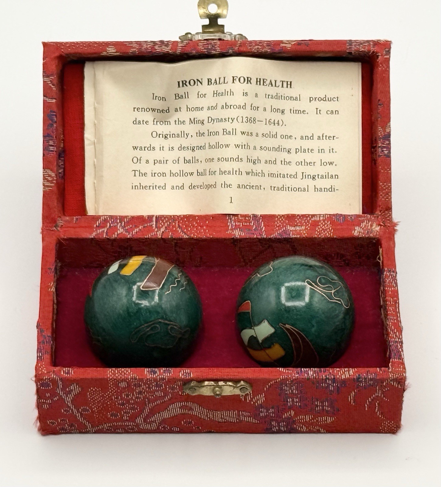 Vintage Chinese Baoding Health Balls Cloisonne Green Chime Balls Red Brocade Box