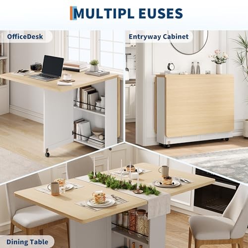 Folding Dining Table with Storage, Folding Kitchen Table with 6 Burlywood