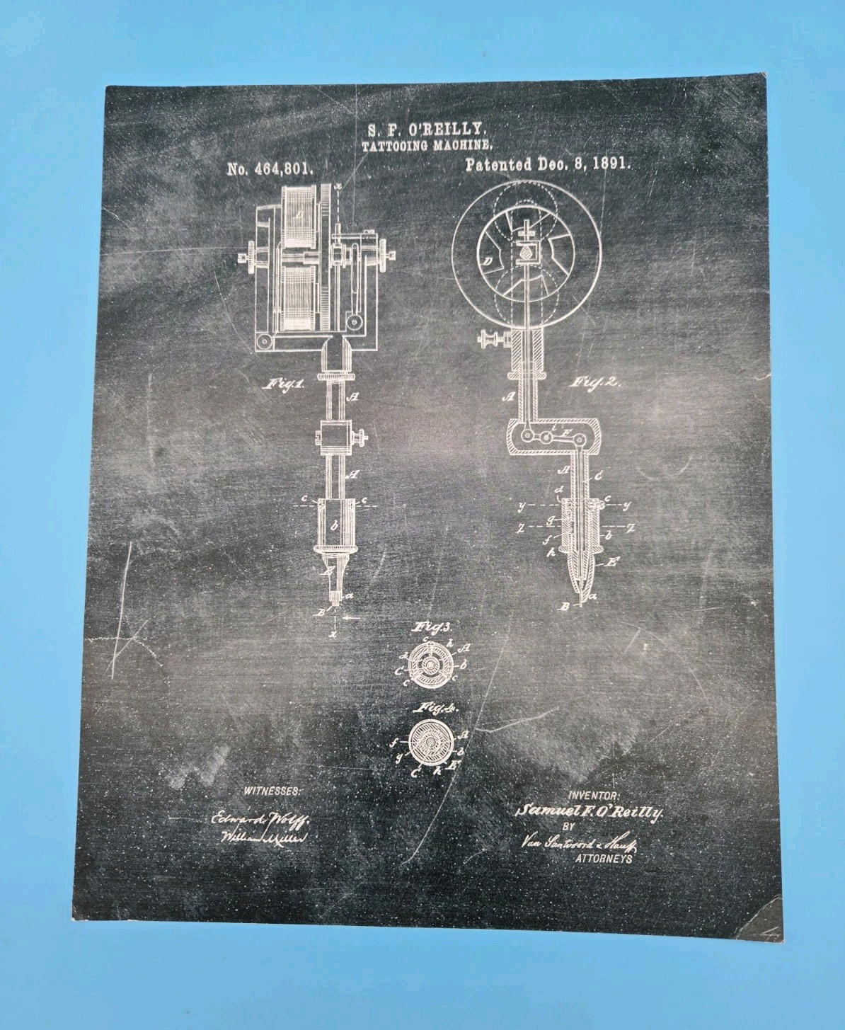 Tattoo Machine Patent Art Print S F O'Reilly Patented 1891 Black White