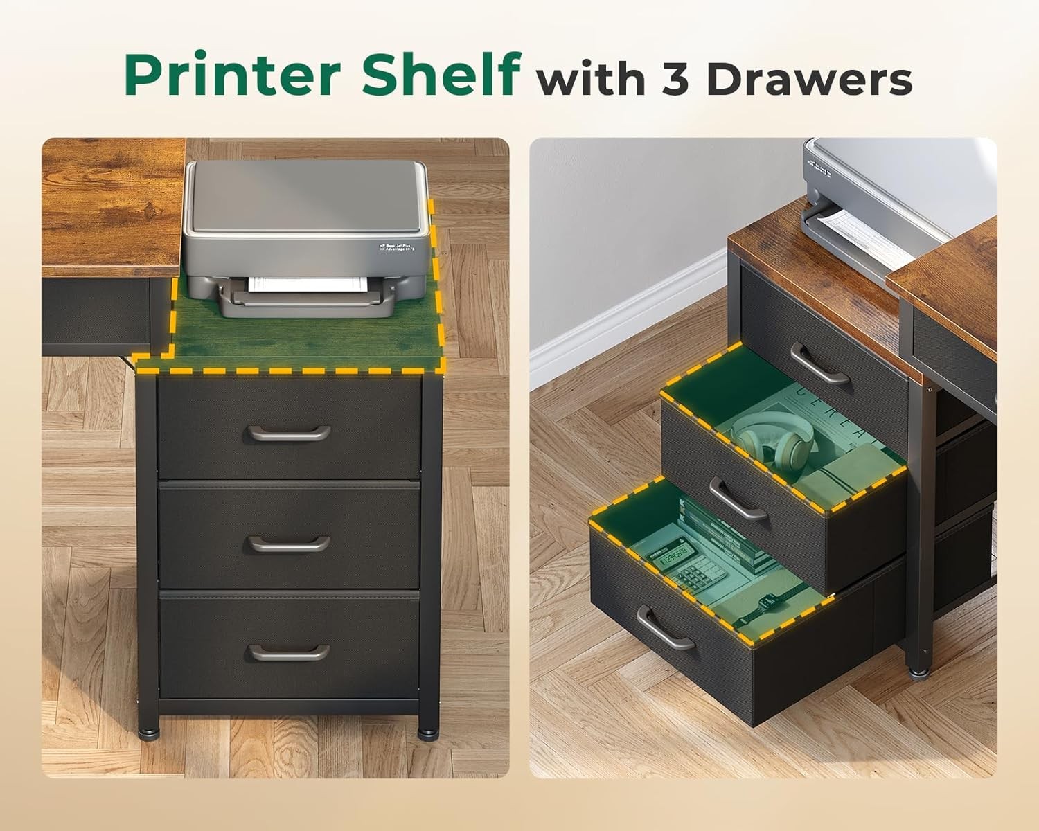 ODK Computer Desk with 5 Drawers,53'' Office Desk with Printer Shelf, Reversible