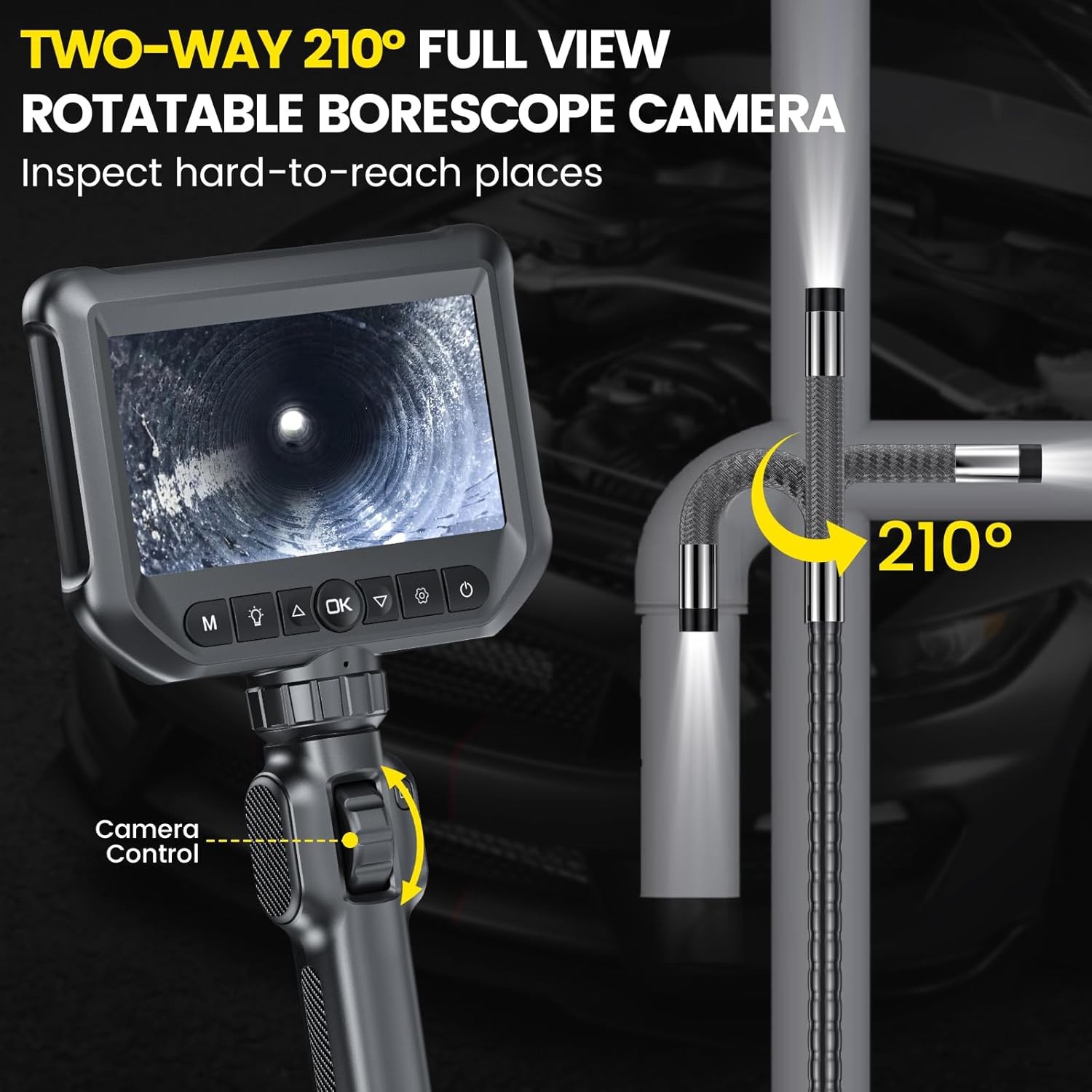 Two-Way Articulating Borescope Camera with Light With Light Snake Scope Camera