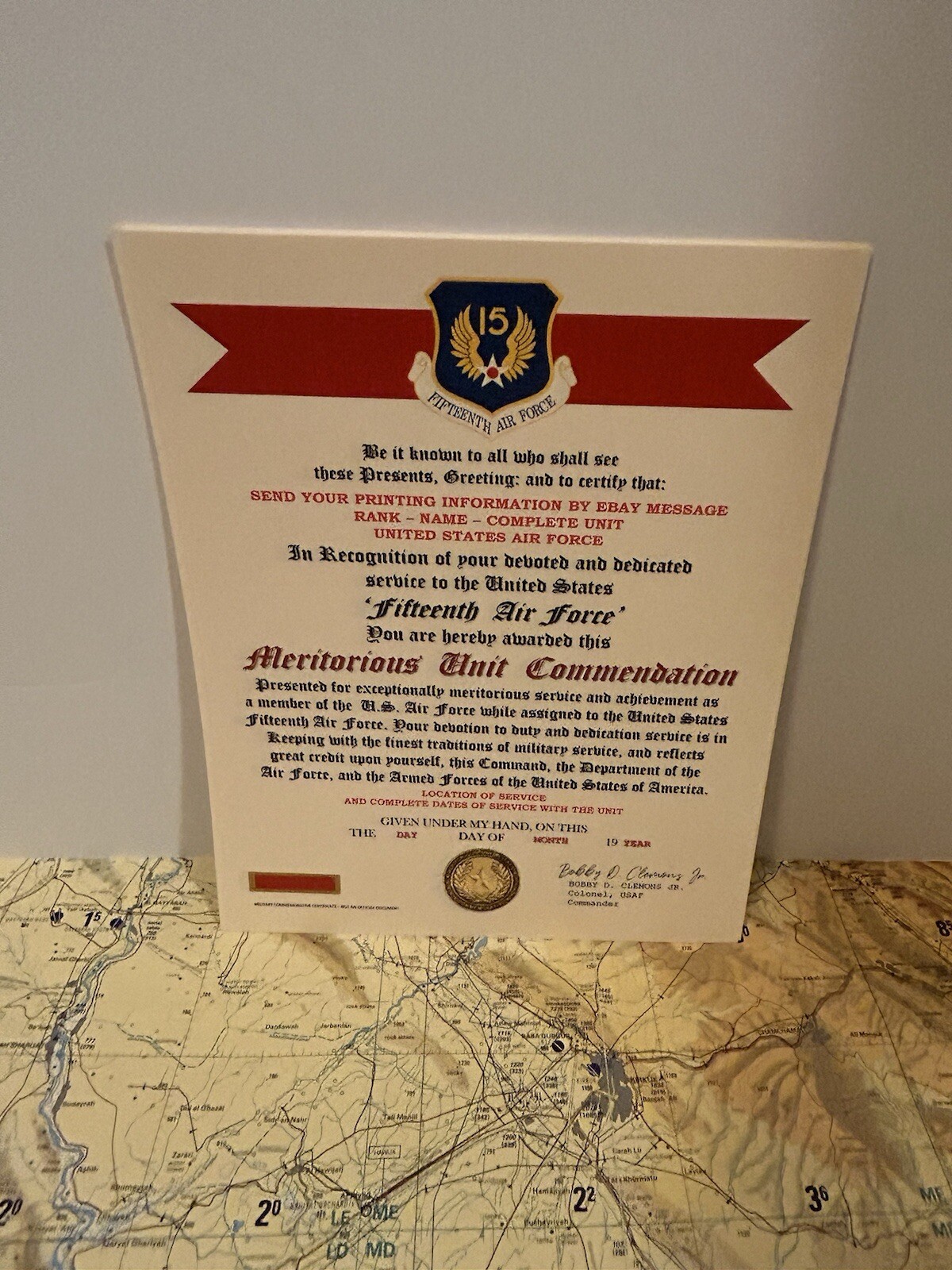 U.S. AIR FORCE / 15TH AIR FORCE - MERITORIOUS UNIT COMMENDATION CERTIFICATE
