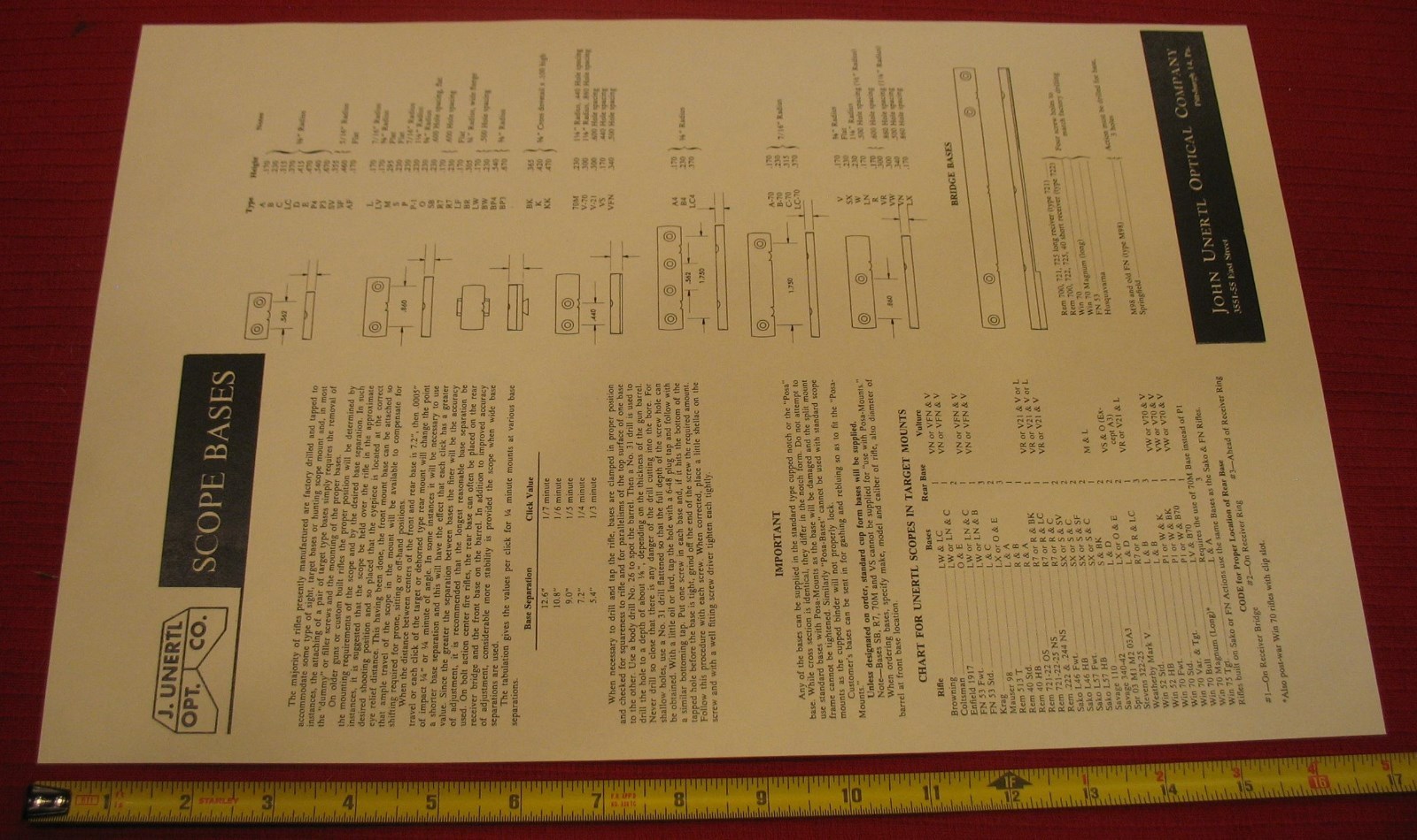 Unertl Scope Base Chart with Mounting Applications & Dimensions