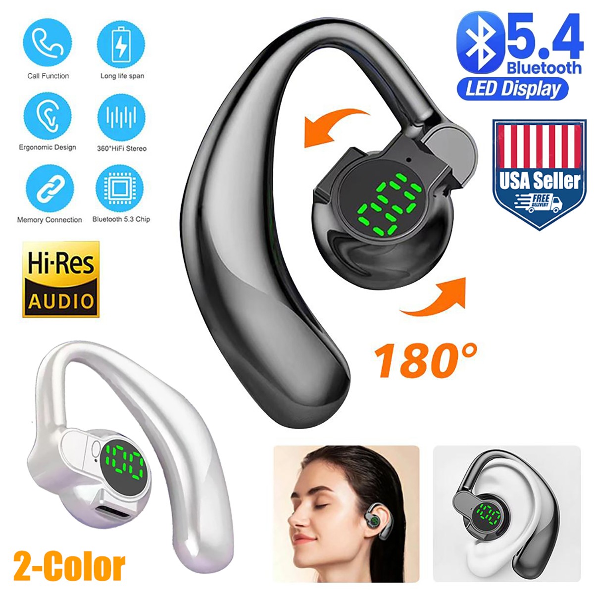 Single Earphone, Open-Ear Bluetooth 5.4 Headphone, LED Digital Display, L&R Ears
