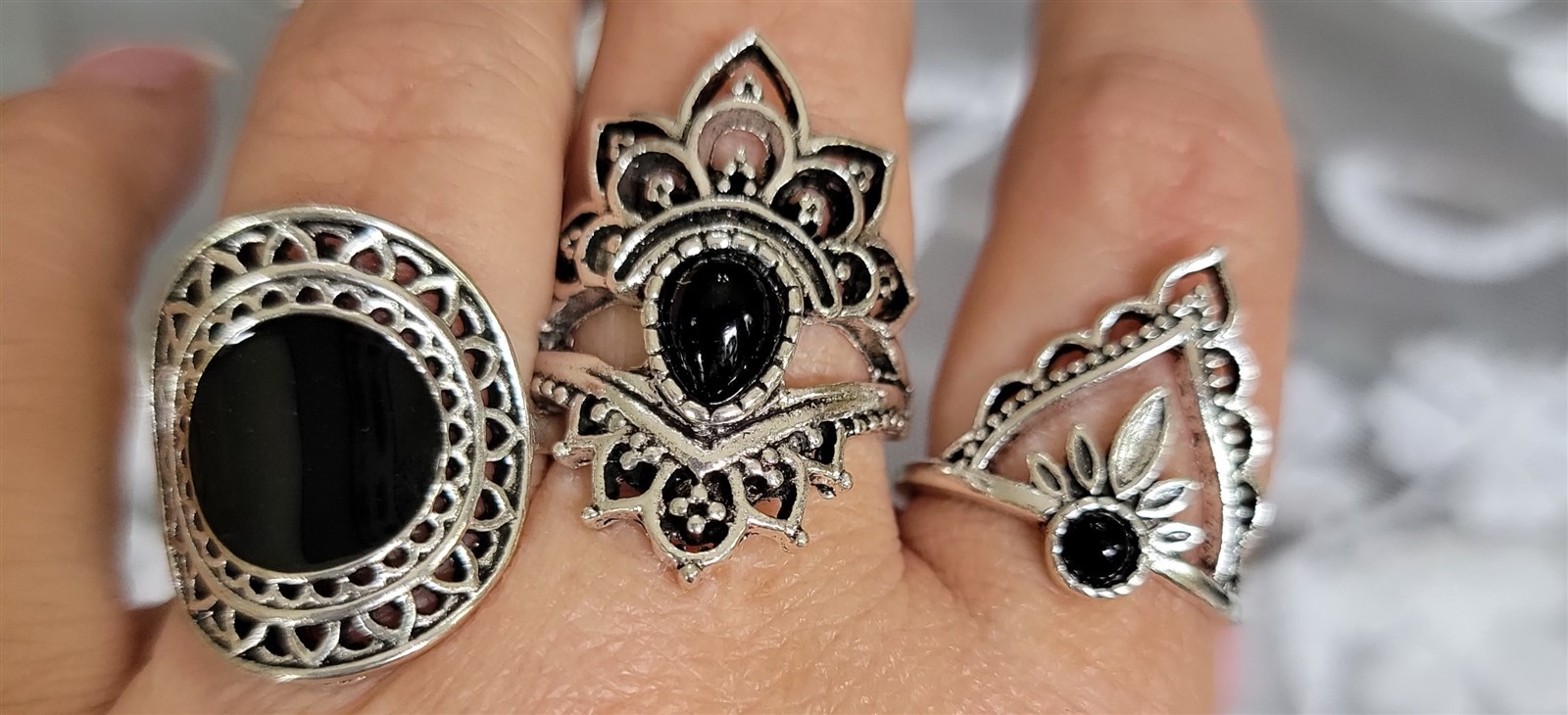 Victorian Trading Set/8 Gothic Elegance Silver & Black Onyx Multi-Size Rings 28P