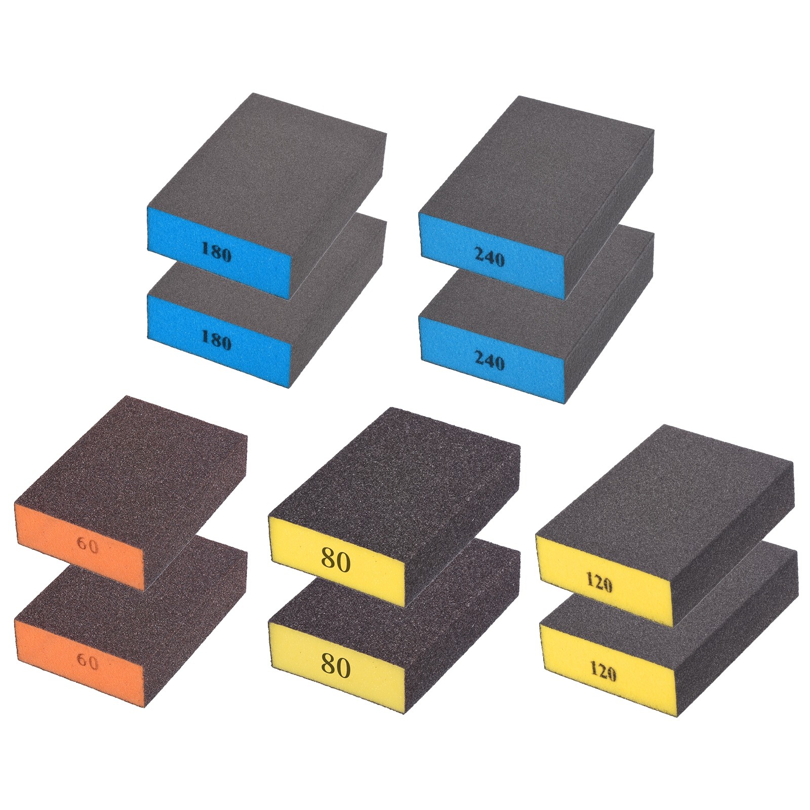 10Pcs 60/80/120/180/240 Grit Sanding Sponge Blocks for Wood, Mixing Three Colors