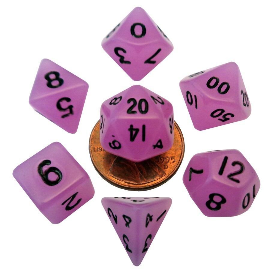 Mini Glow Purple Polyhedral Dice w/Black Marks 7-Dice Set 20/12/10/%/8/6/4