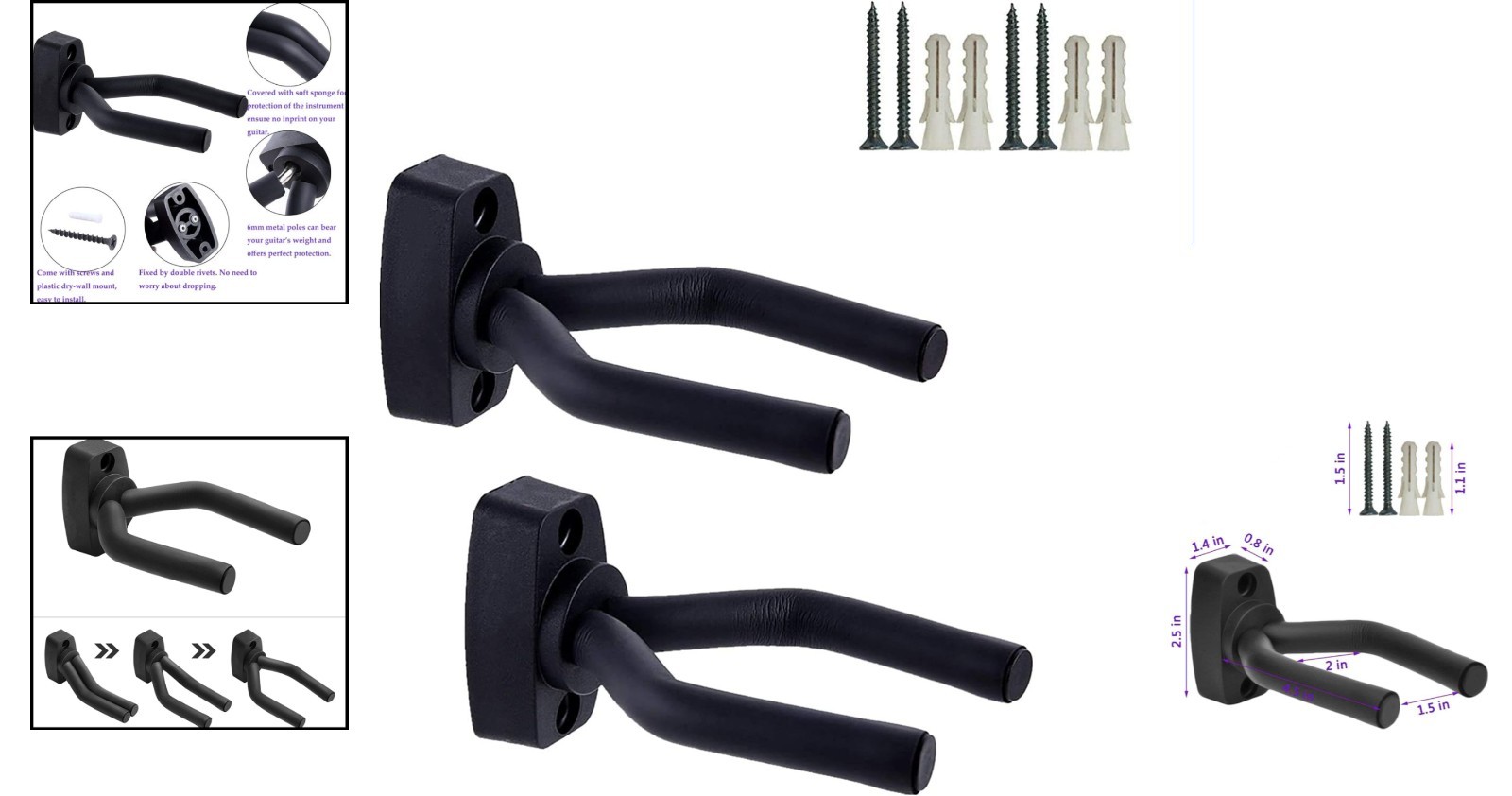Guitar Wall Mount Hanger - 2 Pack - Easy Install, Fits All String Instruments