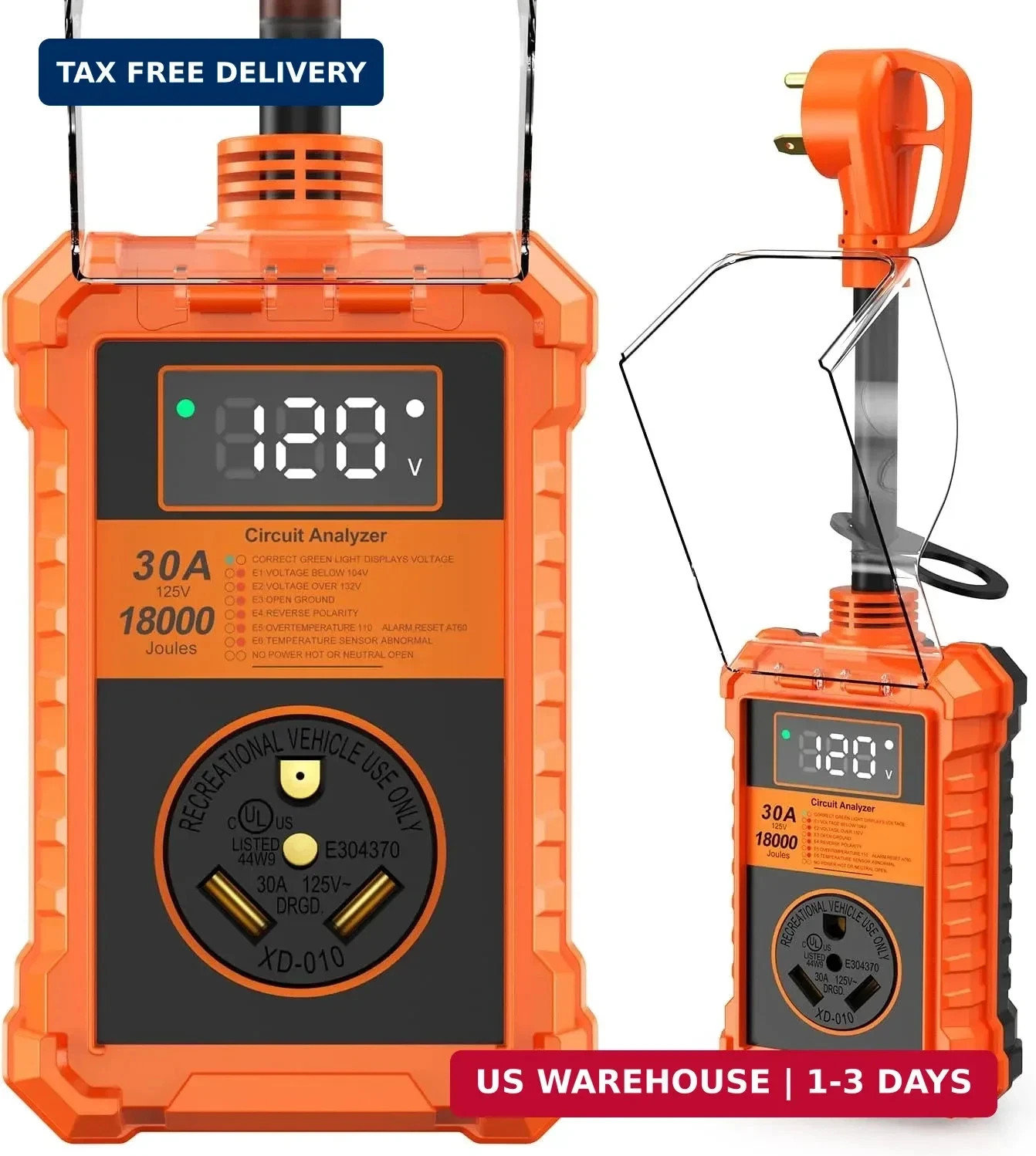 RV Surge Protector 30 Amp - 18000 Joules RV Adapter Plug with Waterproof Cover,