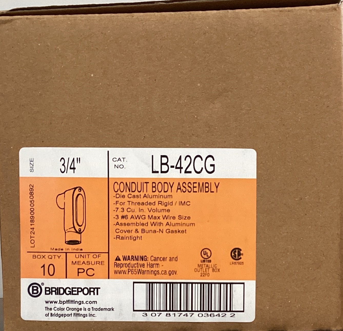 Bridgeport LB 43CG 3/4" Rigid Conduit Body with Cover and Gasket Aluminum