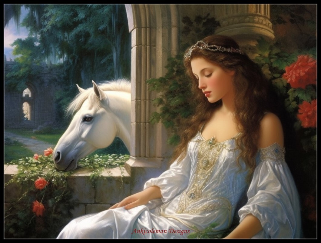 Princess and Her White Horse Counted Cross Stitch Patterns - Color & BW Symbols