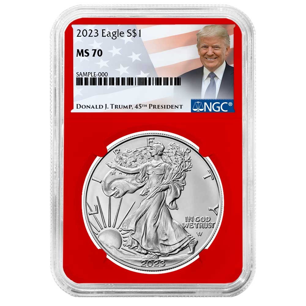 2023 $1 1-oz American Silver Eagle NGC MS70 Trump Label Red Core