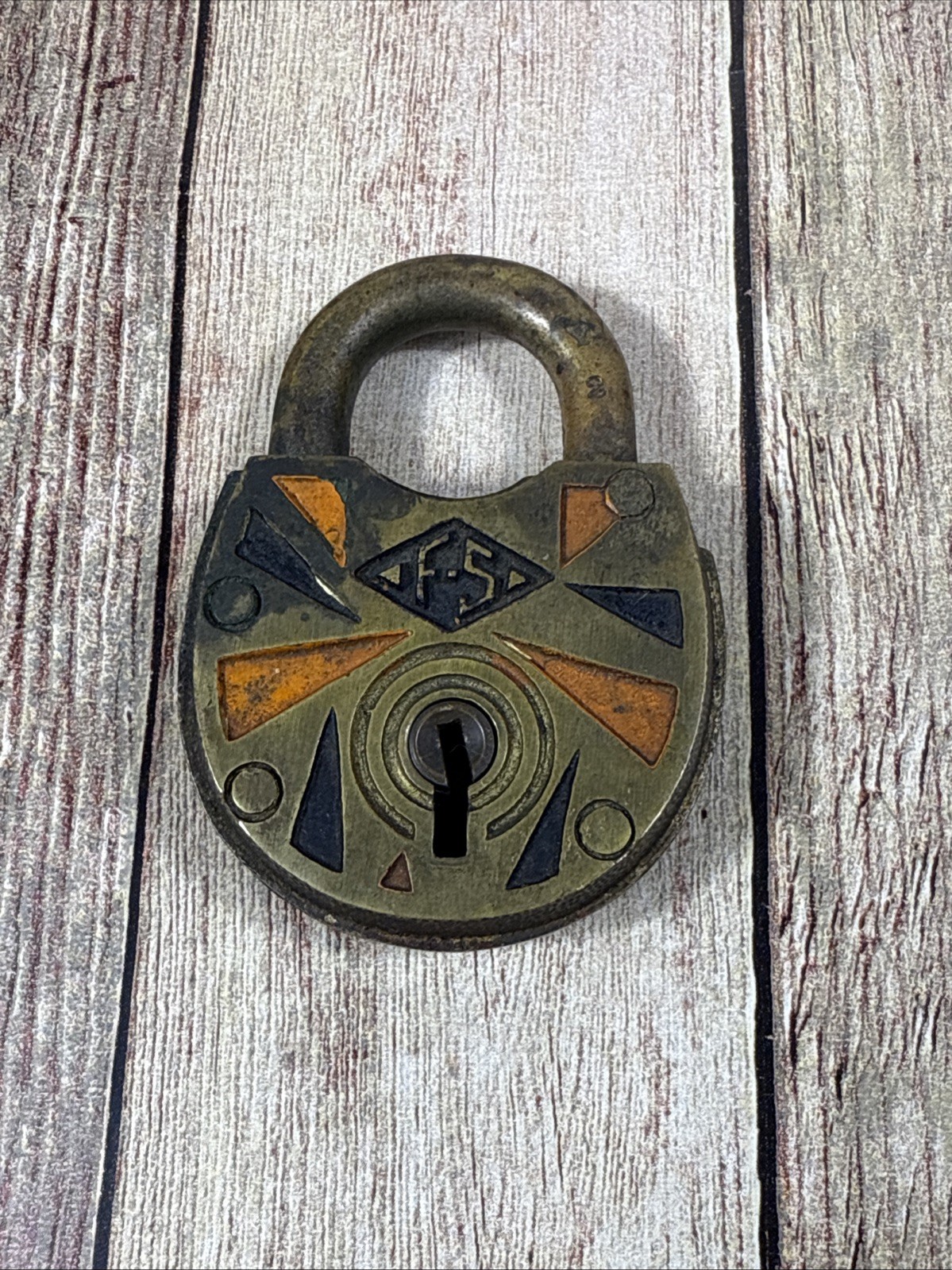 F-S Fraim Slaymaker Padlock Brass Antique 1920’s Round Lock Art Deco Geometrica