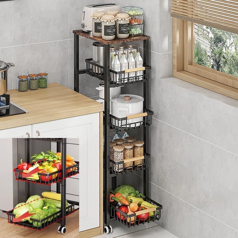 Metal Wire Baskets With Wheels Kitchen Storage Stackable Vegetable Fruit Cart Bi