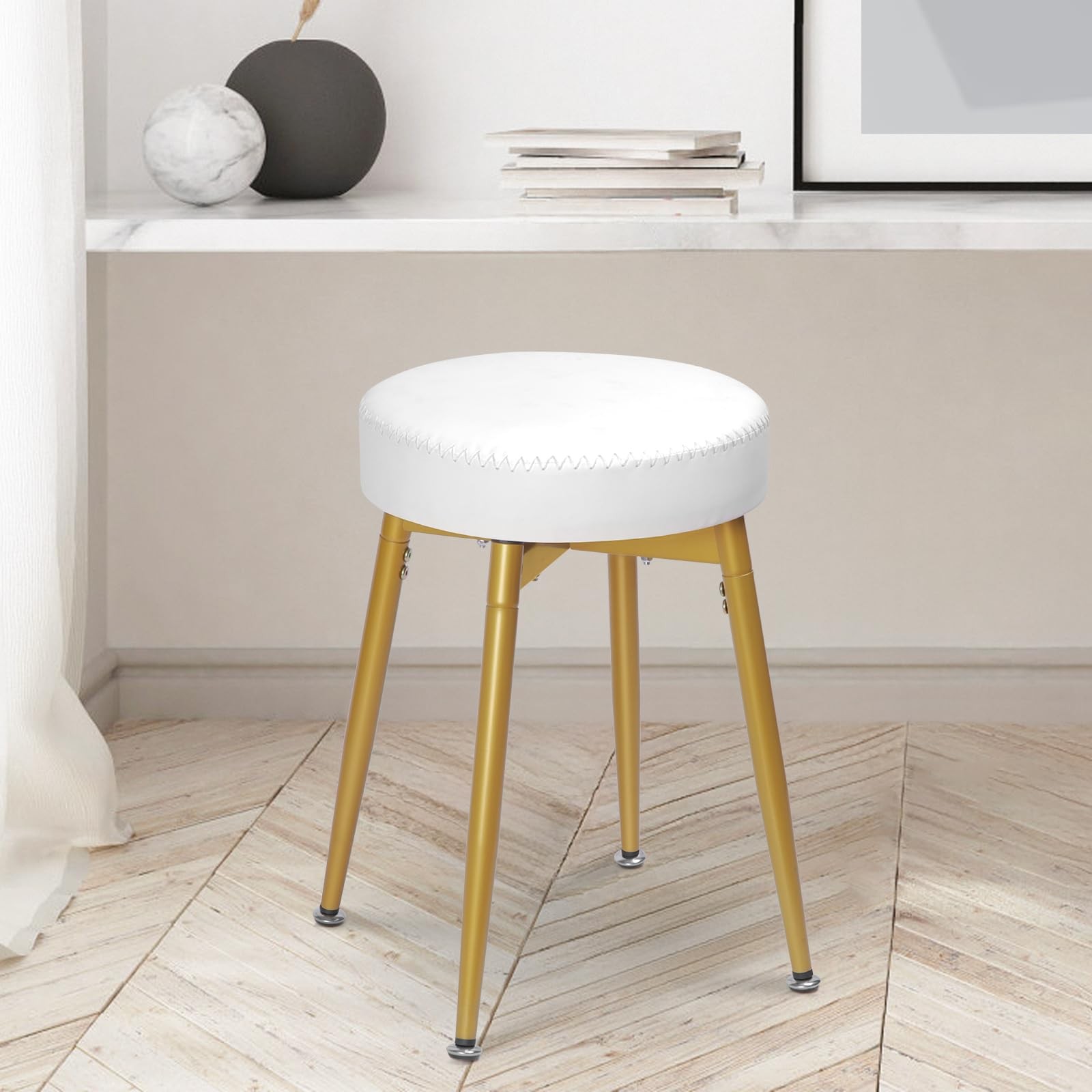White Gold 360 Swivel Vanity Stool Round Faux Leather Ottoman Metal Legs