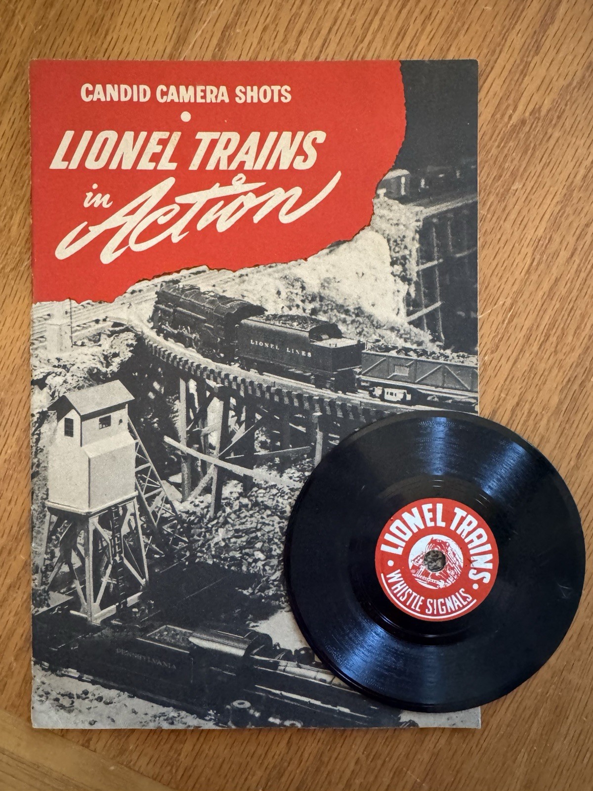 1945 LIONEL Booklet "CANDID CAMERA SHOTS OF LIONEL TRAINS in ACTION" & Record