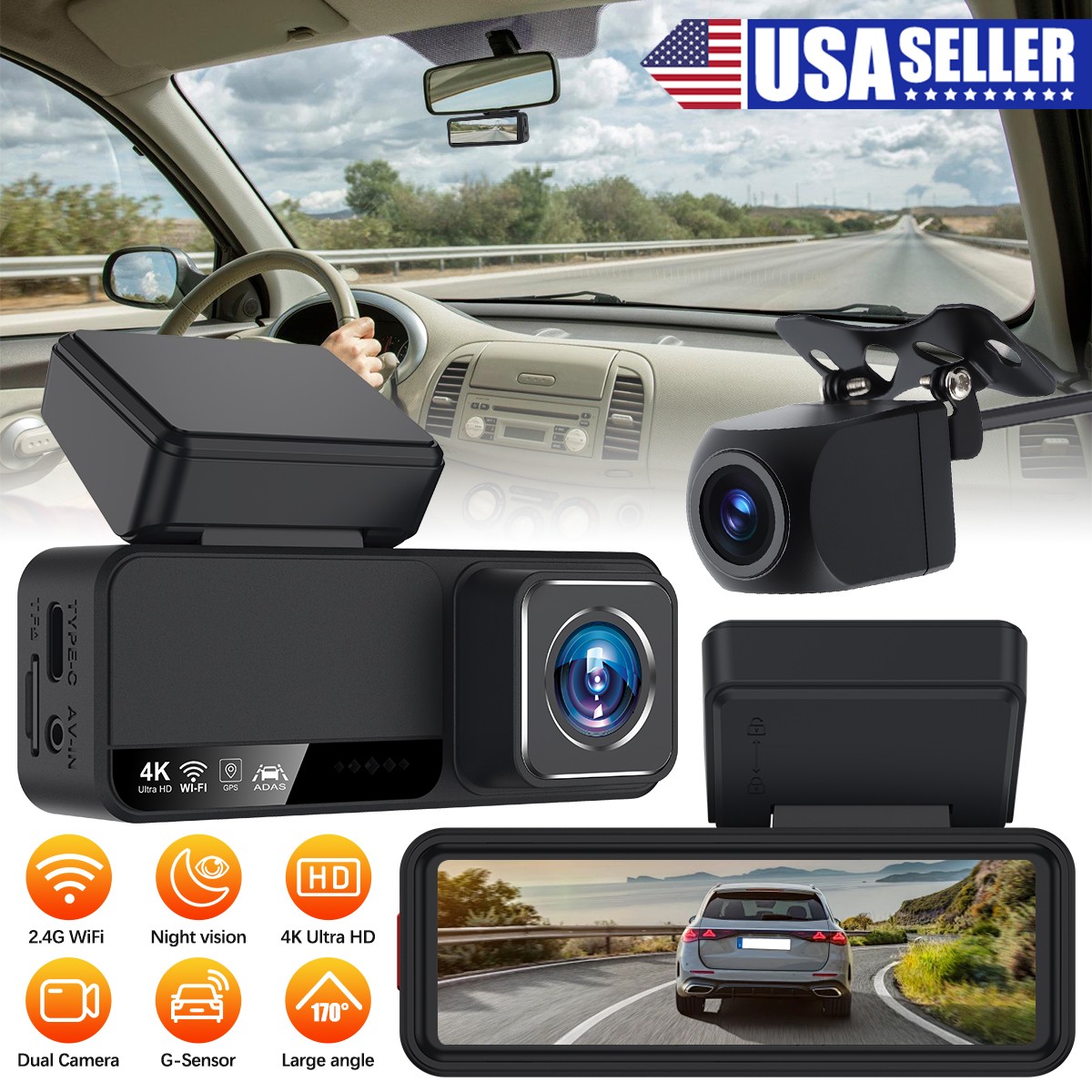 Dash Camera 4K Front &Rear Dash Cam Built-In WiFi & GPS App control Night Vision