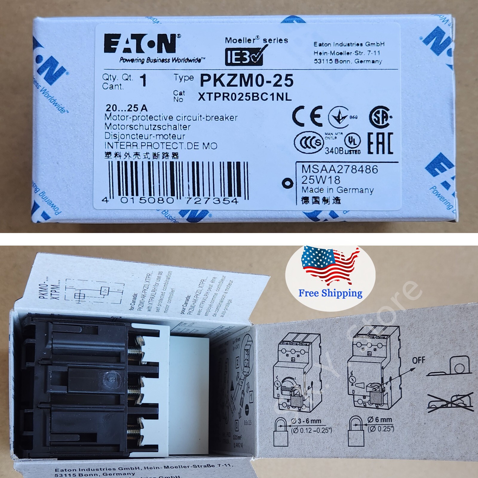 New EATON Moeller PKZM0-25 CIRCUIT BREAKER,  PKZMO25, XTPR025BC1Nl