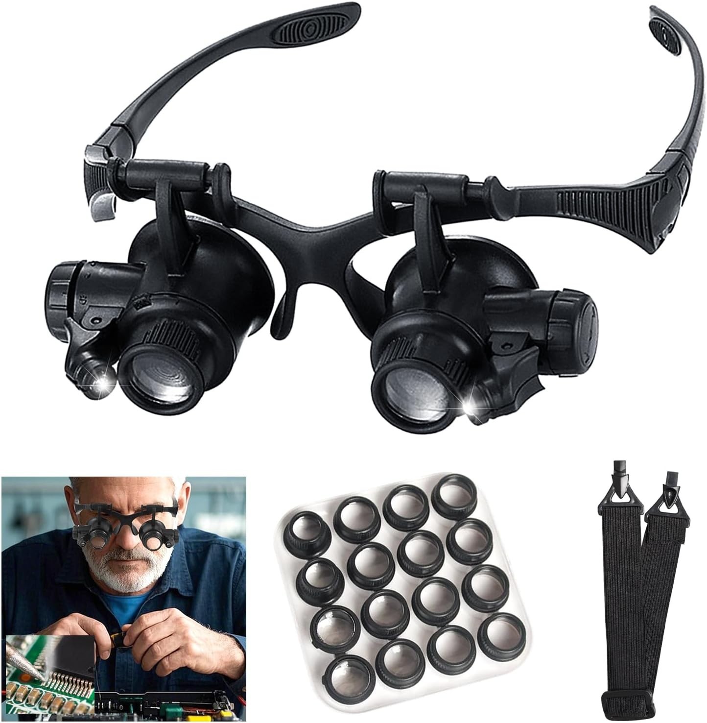 Headband Magnifier with LED Light, 8 Lens 2.5X-25X for Jewelry, Crafts & Repair